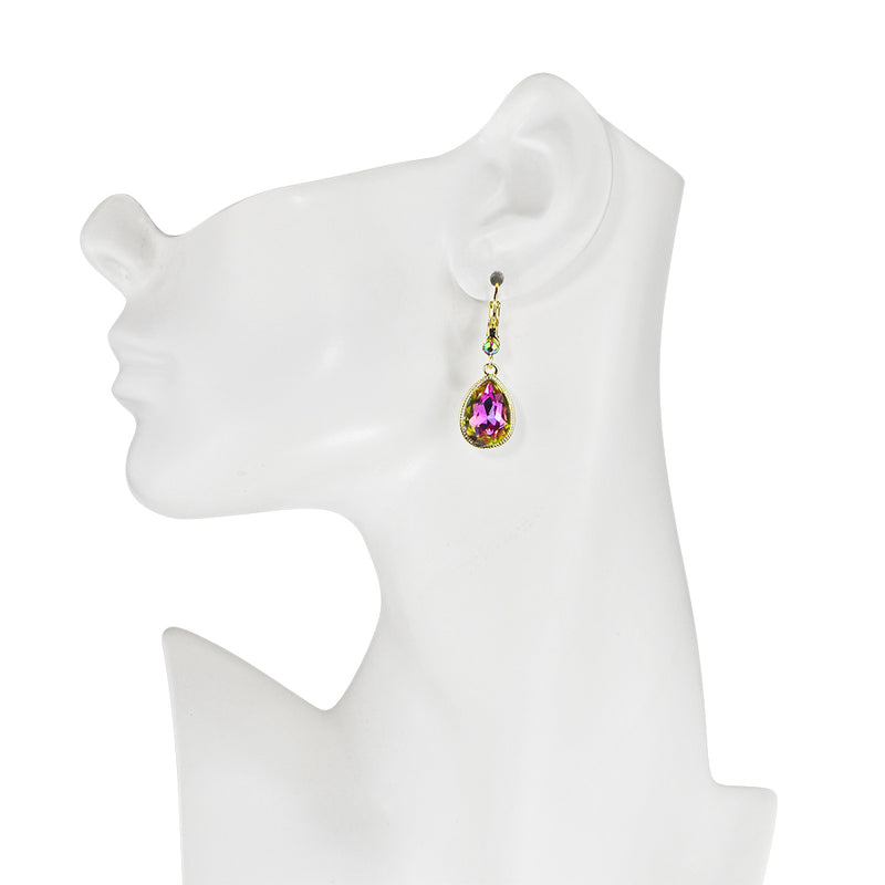 Crystal Mystic Teardrop Leverback Earrings (Goldtone/Iridis Pink)