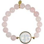Glass Seaview Moon Rose Quartz 10mm Stretch Bracelet (Goldtone/Crystal AB)