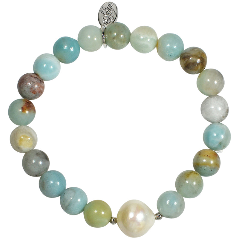 Precious Baroque Pearl and Amazonite Stretch Bracelet (Silvertone)