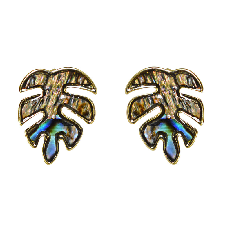 Palm Leaf Abalone Shell Pierced Earrings (Goldtone)