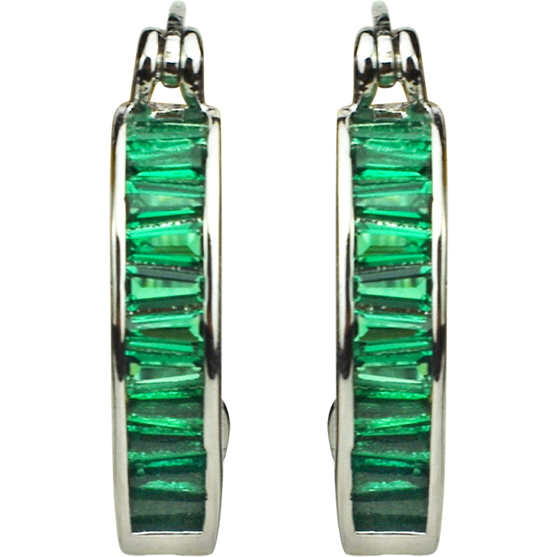 Magic Memories Tapered Baguette CZ Hoop Pierced Earrings (Silvertone/Emerald)