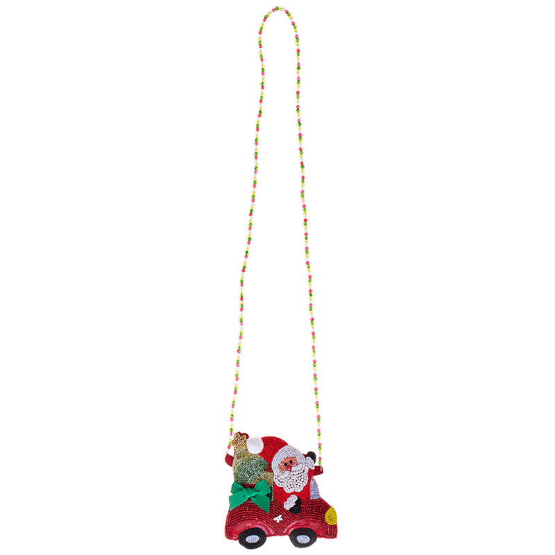 Christmas Delivery Santa Beaded Crossbody Purse (Red)