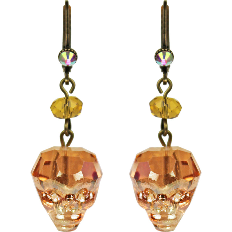 "One Of A Kind" Crystal Skull Leverback Earrings (Brass Ox)