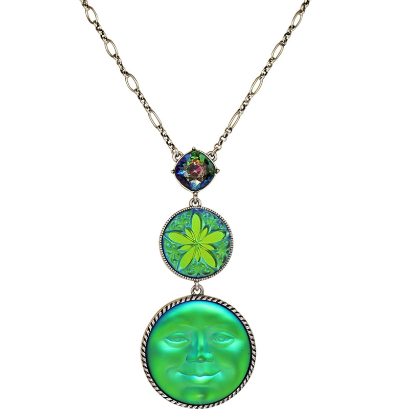 "One Of A Kind" Collector Glass Seaview Moon Chain Necklace (Silver Ox/Sphinx