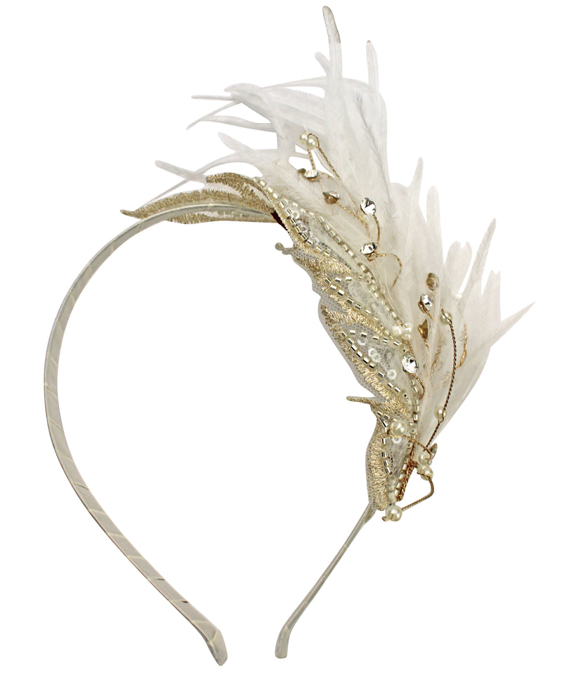 Tatiana Fairyland Crystal & Feather Headband (Gold/White)
