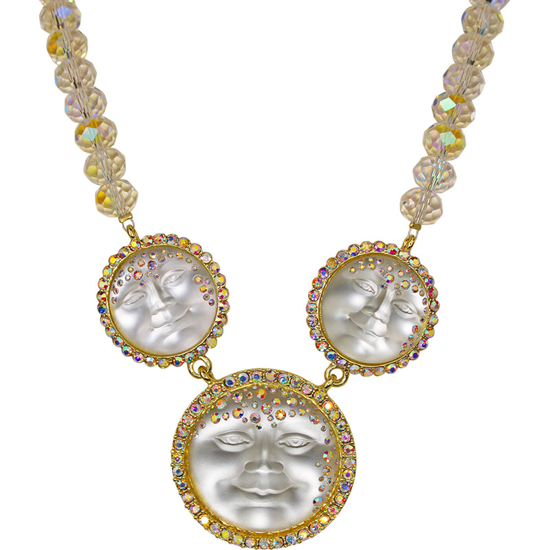 "One Of A Kind" Goddess Seaview Moon 3 Stone Necklace (Goldtone)