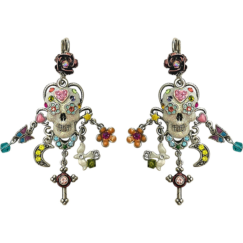 "One Of A Kind" Sugar Skull Leverback Earrings (Silvertone)