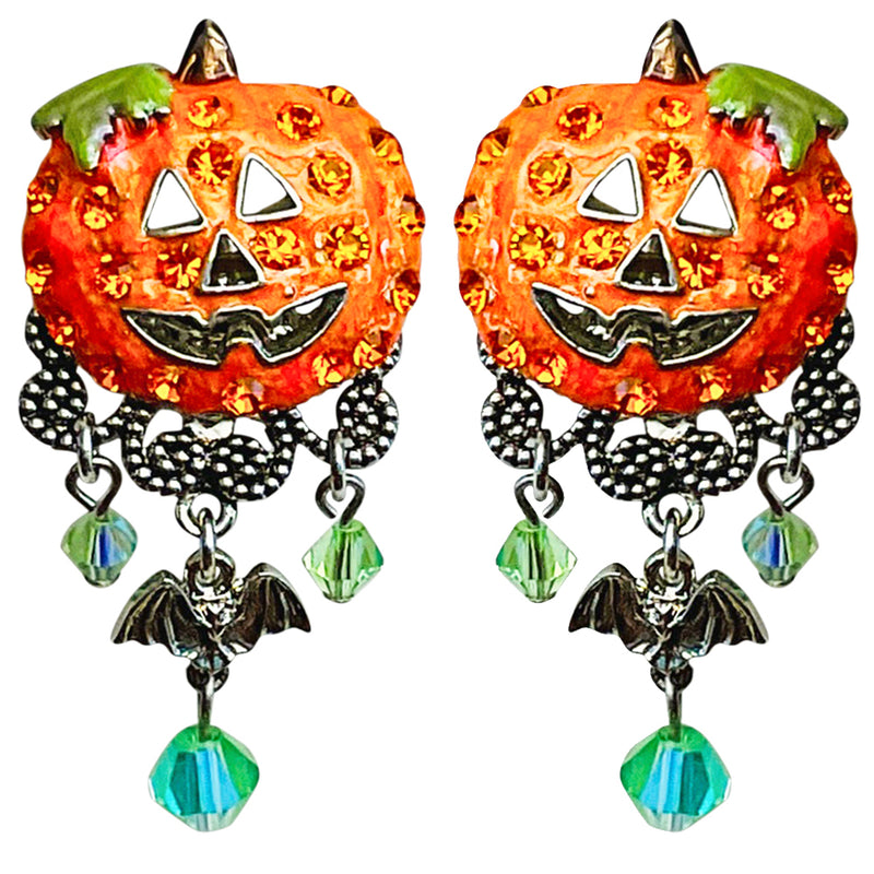 Gone Batty Pumpkin Clip Earrings (Silver Ox)