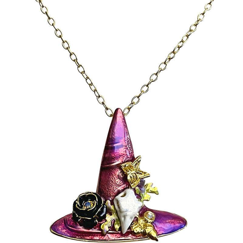 "One Of A Kind" Diva Purple Passion Witch Hat Pin Pendant with Chain Necklace (Goldtone)