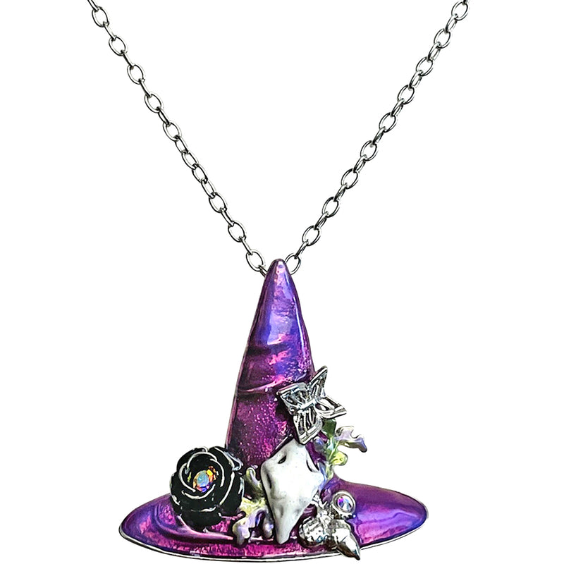 "One Of A Kind" Diva Purple Passion Witch Hat Pin Pendant with Chain Necklace (Silvertone)