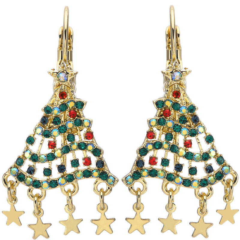 Dancing Delight Christmas Tree Leverback Earrings (Goldtone)