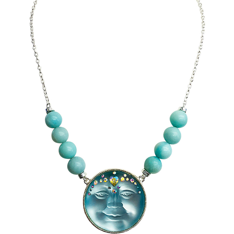 "One Of A Kind" Sweetheart Seaview Moon Amazonite Chain Necklace (Sterling Silvertone)