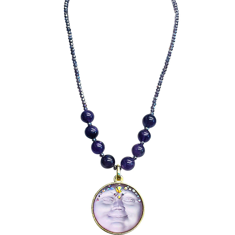 "One Of A Kind" Sweetheart Seaview Moon Amethyst Crystal Necklace (Sterling Silvertone)