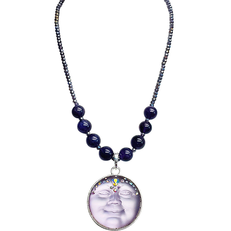 "One Of A Kind" Sweetheart Seaview Moon Amethyst Crystal Necklace (Goldtone)