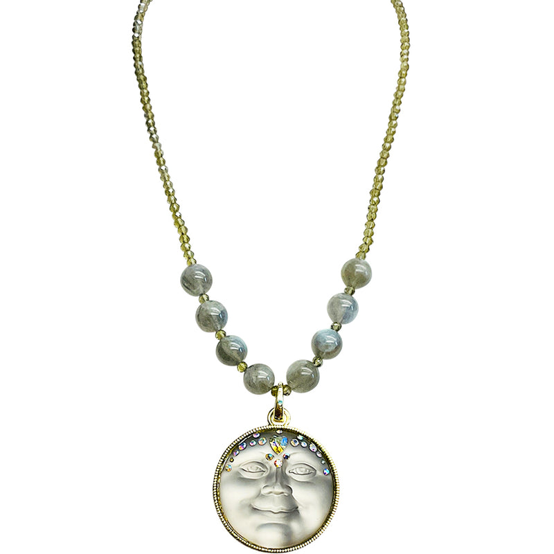 "One Of A Kind" Sweetheart Seaview Moon Grey Moonstone Crystal Necklace (Goldtone)