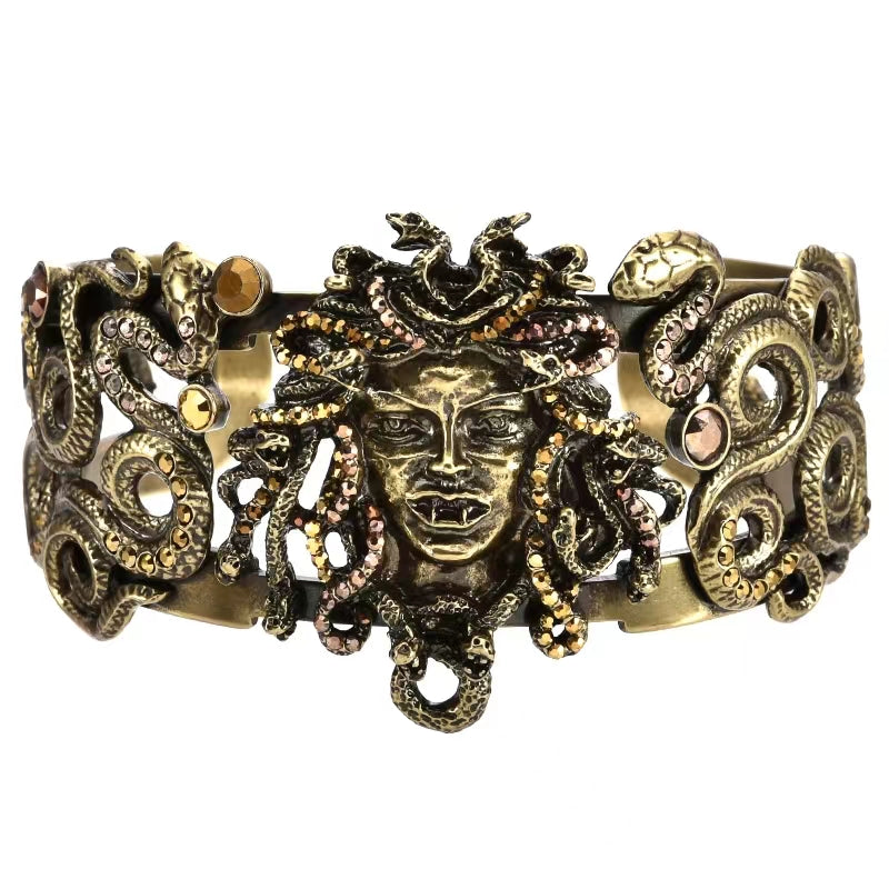 Couture Crystal Vampire Medusa Cuff Bracelet (Brass Ox)