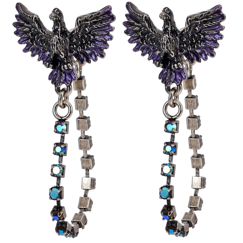 Crystal Raven Back To Front Pierced Earrings (Silver Ox)