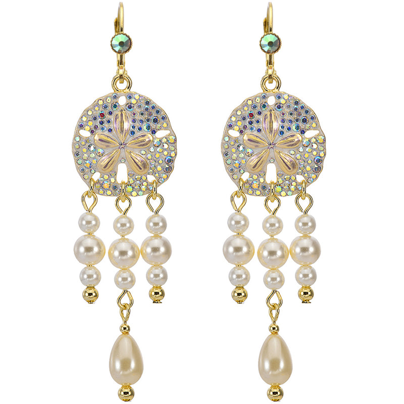 Ocean Dream Pearl & Sand Dollar Leverback Earrings (Goldtone)