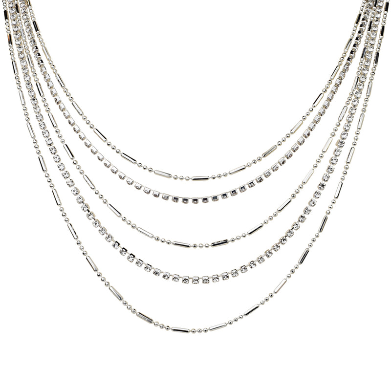 Crystal Waterfall 5 Row Layered Drape Necklace (Sterling Silvertone)