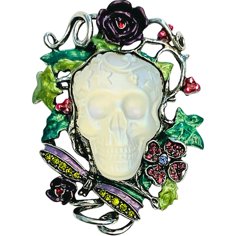 "One Of  A Kind" Enchanted Garden Galss Skull Pin Pendant (Silvertone)