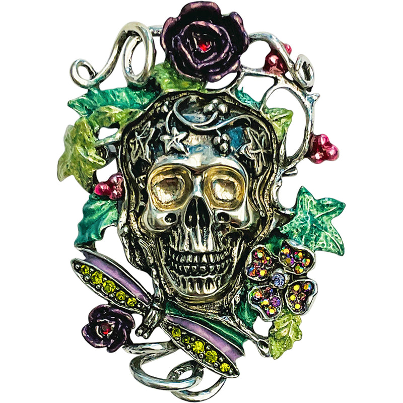 "One Of A Kind" Enchanted Garden Metallic Skull Pin Pendant (Silvertone)