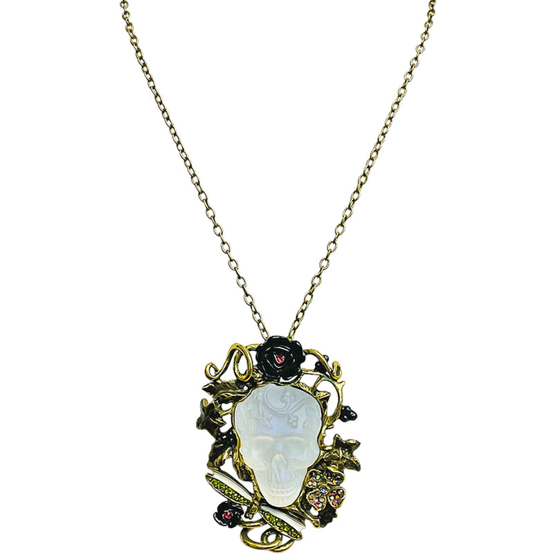 "One Of A Kind" Enchanted Garden Glass Skull Pin Pendant Necklace (Brasstone)