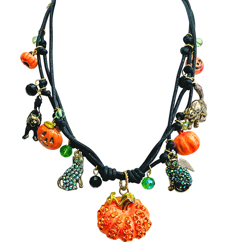 Black Cat Magic Pumpkin Cord Necklace (Goldtone)