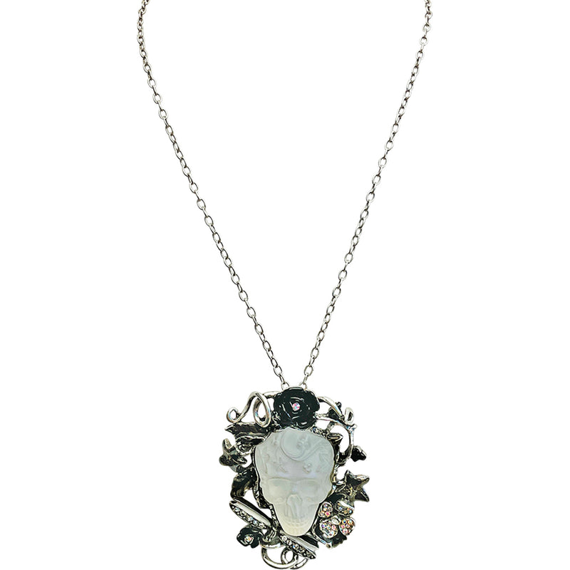 "One Of A Kind" Enchanted Garden Glass Skull Pin Pendant Necklace (Silvertone)