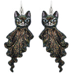 Ghost Kitty Leverback Earrings (Silvertone/Jet)