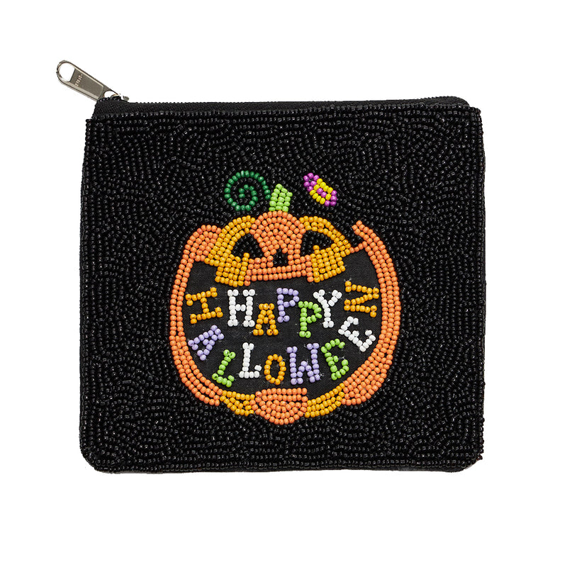 Happy Halloween Jack O Lantern Beaded Mini Pouch Bag