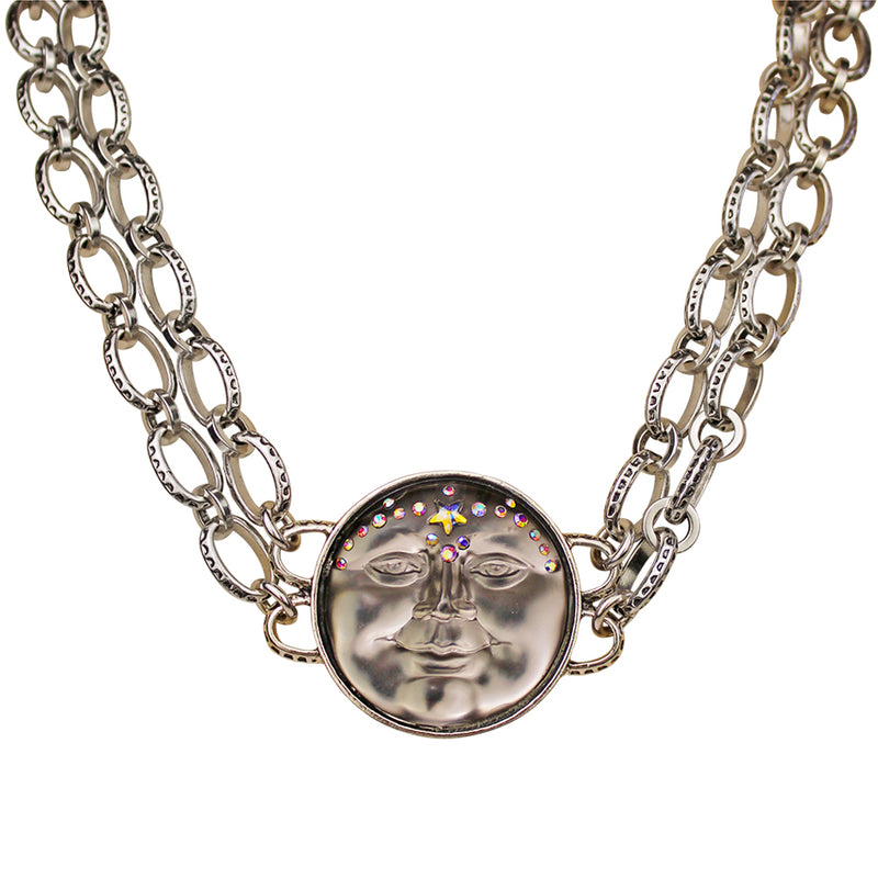 "One Of A Kind" Venus Seview Moon Double Chain Necklace (Silver Ox/Stormy Grey)