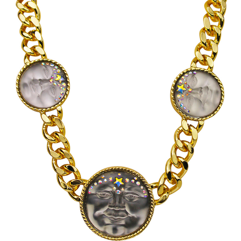"One Of A Kind" Venus Seaview Moon 3 Stone Necklace (Goldtone)