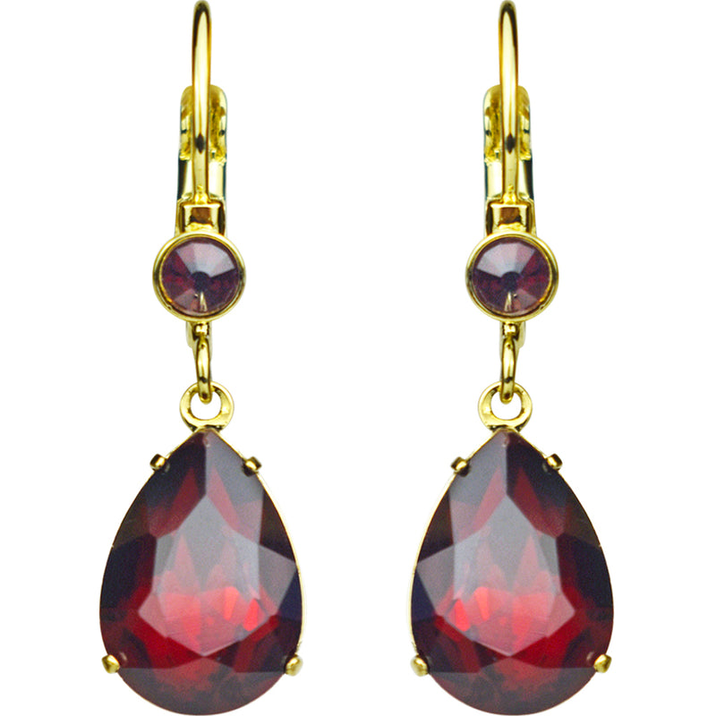 Goddess Tears Leverback Earrings (Goldtone/Ruby Red)