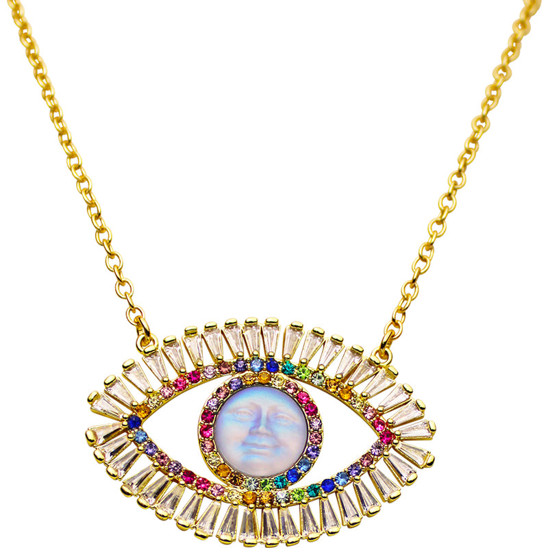 Glass Seaview Moon Angel Eye Necklace (Goldtone)