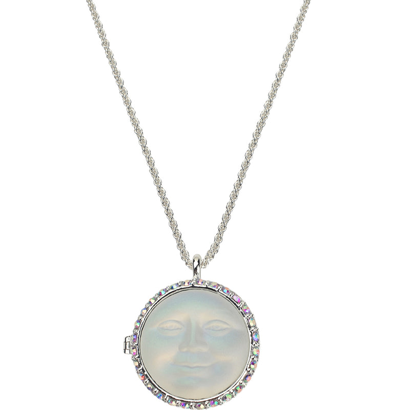 Love Never Dies Glass Seaview Moon Locket Necklace (Sterling Silvertone/Crystal AB)