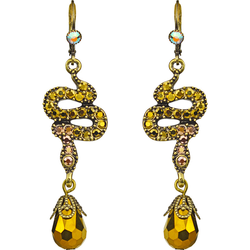 Serpent Crystal Drop Leverback Earrings (Brass Ox)