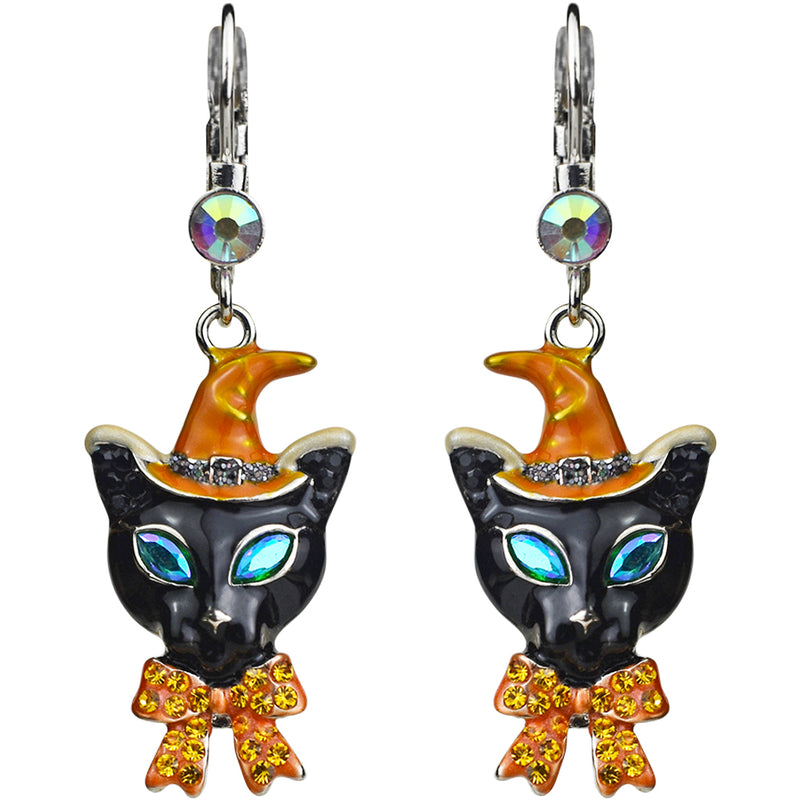 Salem Witch Kitty Leverback Earrings (Silvertone)