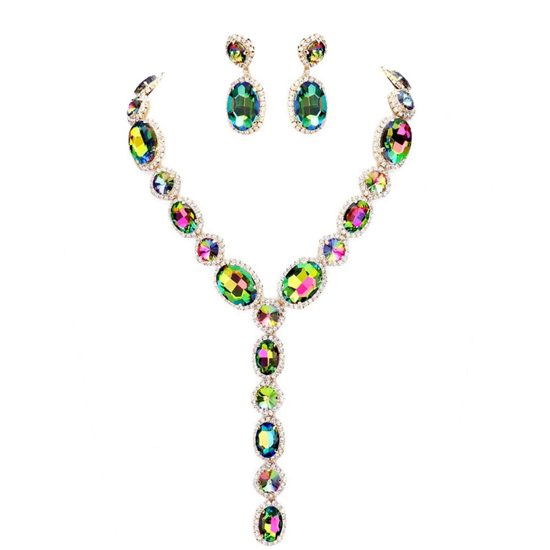 Glamour Queen Necklace & Pierced Earrings Set (Goldtone/Green Sphinx)