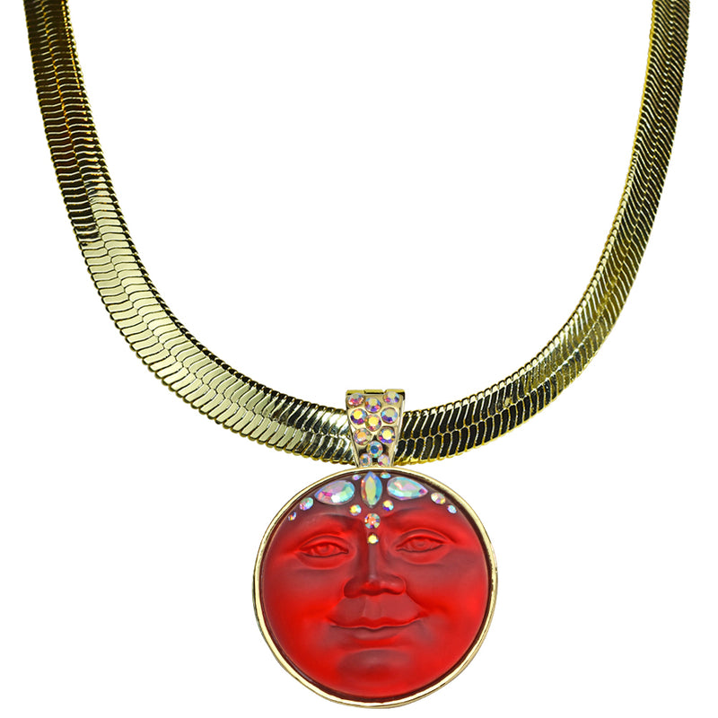 Enchantress 35mm Seaview Moon Herringbone Necklace (Goldtone/Red)
