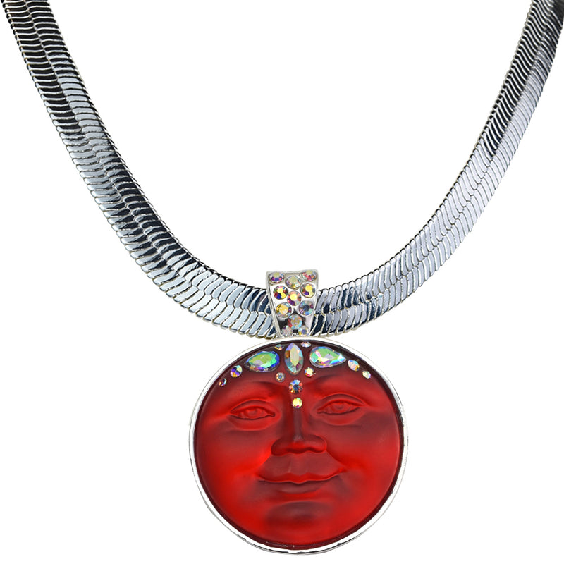 Enchantress 35mm Seaview Moon Herringbone Necklace (Sterling Silvertone/Red)