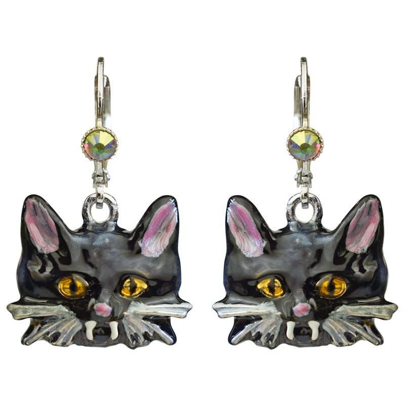 Vampira Kitty Leverback Earrings (Sterling Silvertone)