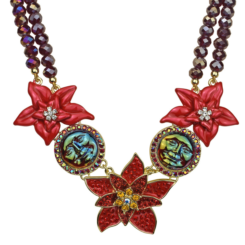 Seaview Water Moon Poinsettia Beaded Necklace (Goldtone/Dark Red)