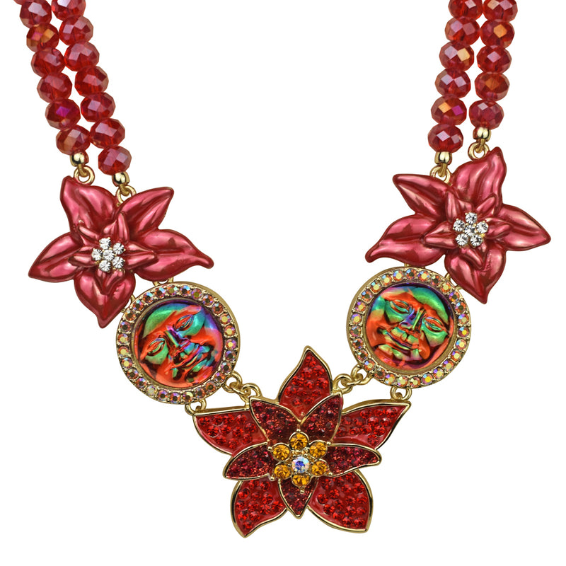 Seaview Water Moon Poinsettia Beaded Necklace (Goldtone/Light Red)