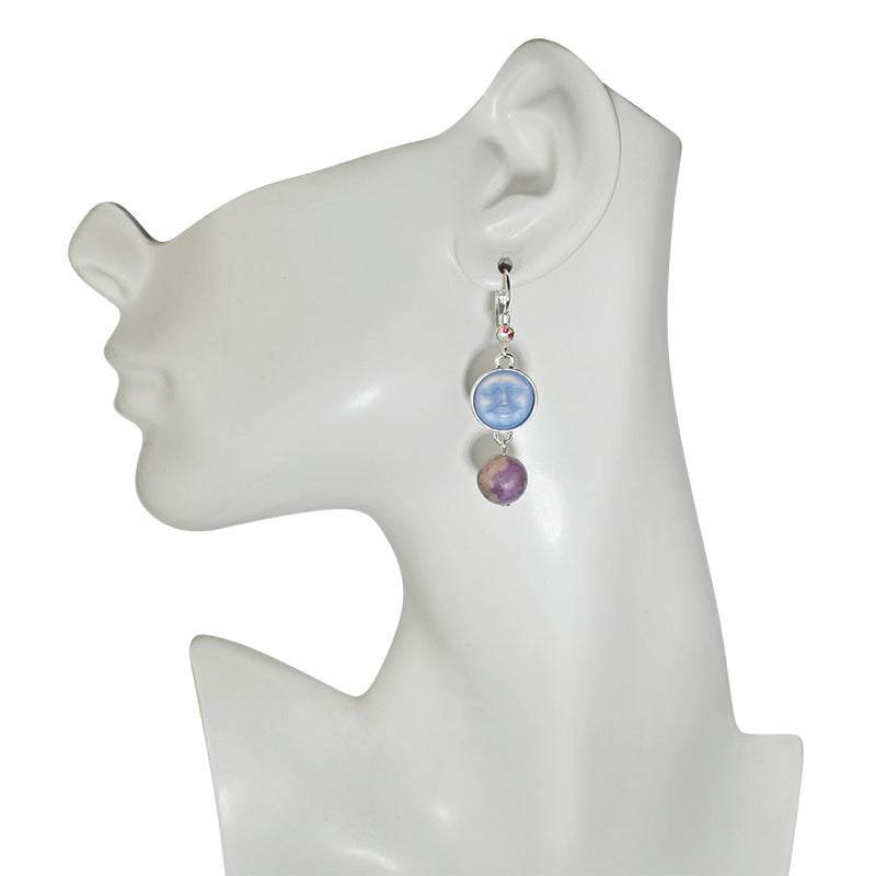 Enchanted Glass Seaview Moon & Lepidolite Leverback Earrings (Sterling Silvertone/Tanzanite AB)