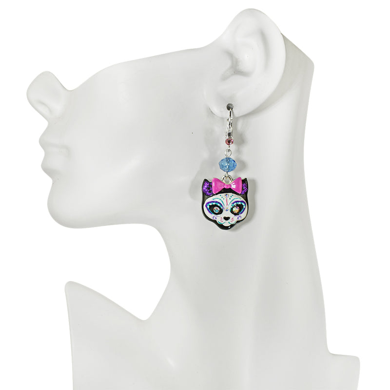 Sugar Skull Kitty Leverback Earrings (Sterling Silvertone)
