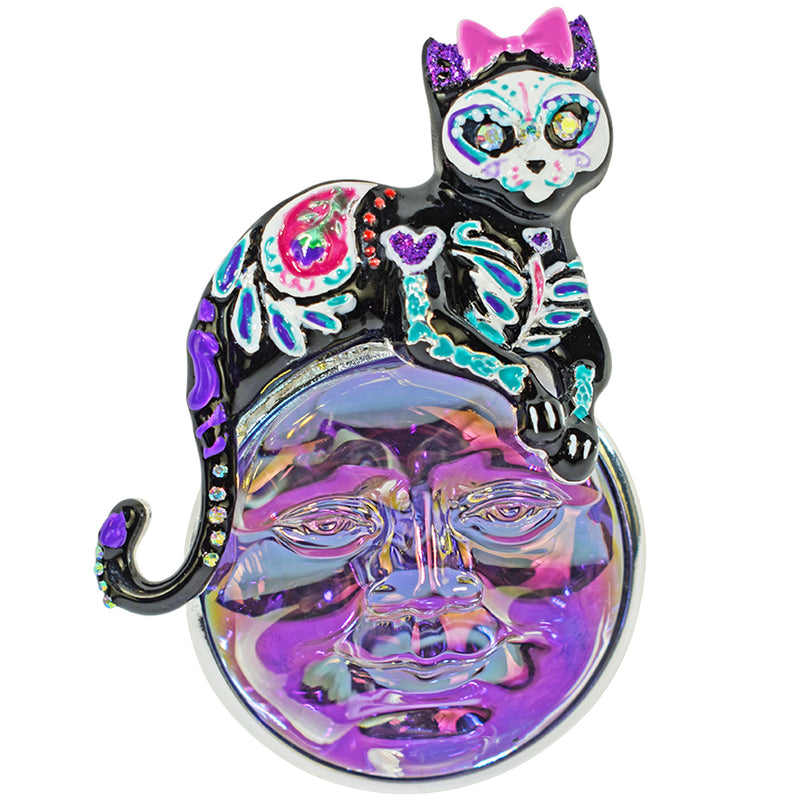 Sugar Skull Kitty Seaview Water Moon Pin Pendant (Sterling Silvertone/Purple)