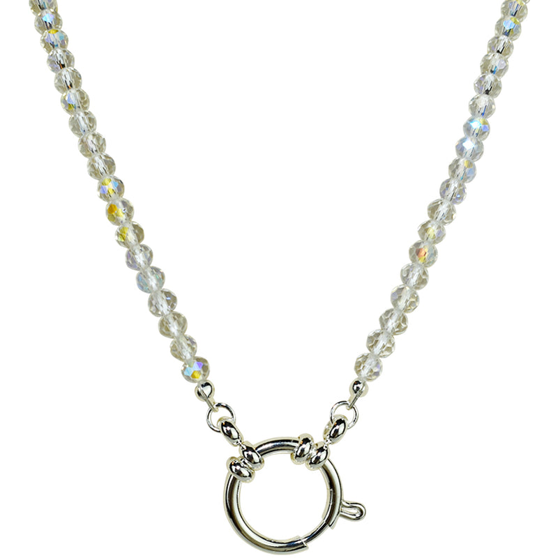 Crystallized 4mm Beaded Sailor Clasp Spring Ring Charm 18" Necklace (Sterling Silvertone/Crystal AB)