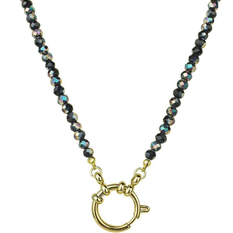 Crystallized 4mm Beaded Sailor Clasp Spring Ring Charm 18" Necklace (Goldtone/Black AB)