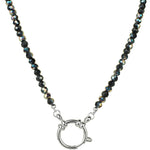 Crystallized 4mm Beaded Sailor Clasp Spring Ring Charm 18" Necklace (Sterlilng Silvertone/Black AB)