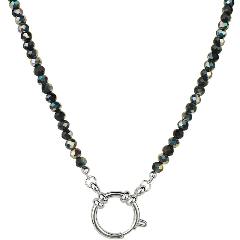 Crystallized 4mm Beaded Sailor Clasp Spring Ring Charm 18" Necklace (Sterlilng Silvertone/Black AB)